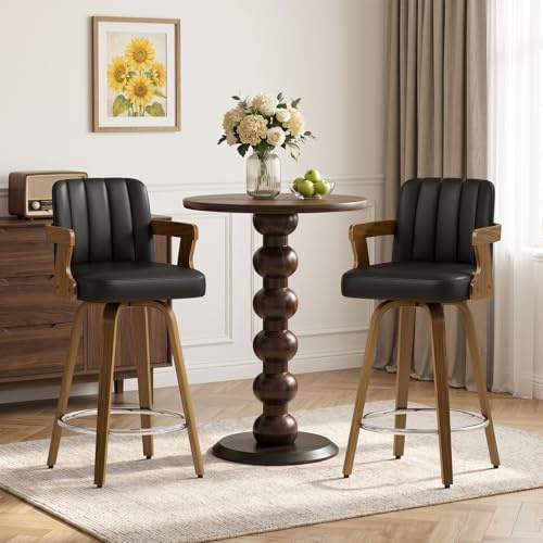 WOOW DEPOT Barhocker 2er Set 360° Drehbar mit Armlehne, 65 cm Sitzhöhe, Gepolstert (7 cm) aus Kunstleder, Barstuhl mit Holzbeinen & Fußstütze, Küchenhocker für Insel, Tresen & Esszimmer Schwarz