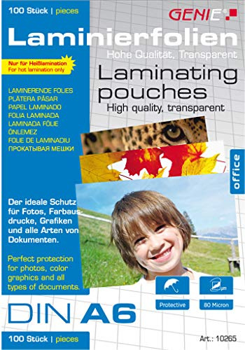 Genie 10265 Laminierfolien (Glasklar; 80 Mikron für Formate bis zu DIN A6; geeignet für alle HeiÃŸlaminiergeräte) 100er Pack