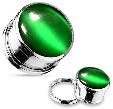 Tapsi´s Coolbodyart® Ohr Plug Schraubverschluss Edelstahl Chirurgenstahl 316L Katzen Auge Grün 14mm