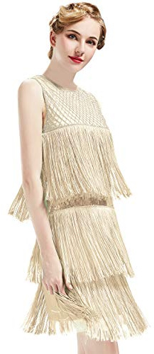 BABEYOND Flapper Dresses V Neck Dress Cocktail Dress Femme | Frange double couche, élégant motif floral brodé, franges et paillettes, motif art déco classique des années 1920