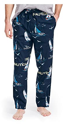 Nautica Men's Soft Woven 100% Cotton Elastic Waistband Sleep Pajama Pant, Sailboat Blue, Large