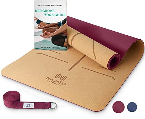 NAJATO Sports Yogamatte Kork – Rutschfeste Yoga Matte mit Tragegurt & E-Book (PDF Datei) – Trainingsmatte 183 x 65 x 0,6 cm – Nachhaltige Gymnastikmatte