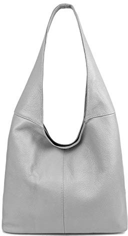 Made in Italy Damen Leder Tasche Shopper Schultertasche Umhängetasche Handtasche Beuteltasche Hobo Bag Ledertasche Nappaleder Hellgrau