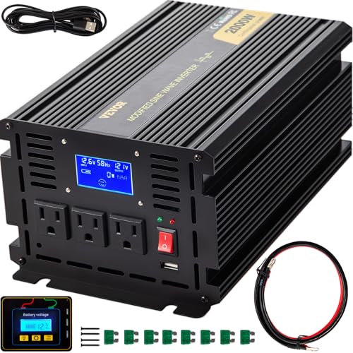 VEVOR Inverter di Potenza a Onda Sinusoidale Modificata da 2000 W, Convertitore da CC 12 V a CA 120 V per Auto con Schermo LCD, Telecomando, Indicatore LED, Inverter per Camion, Camper, Barca