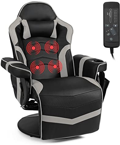 COSTWAY Massage Gaming Chair, Height Adjustable Swivel Racing Video Gaming Recliner with Retractable Footrest, Headrest and Cup Holder, Ergonomic High Back PU Leather Executive Desk Chair (Grey)