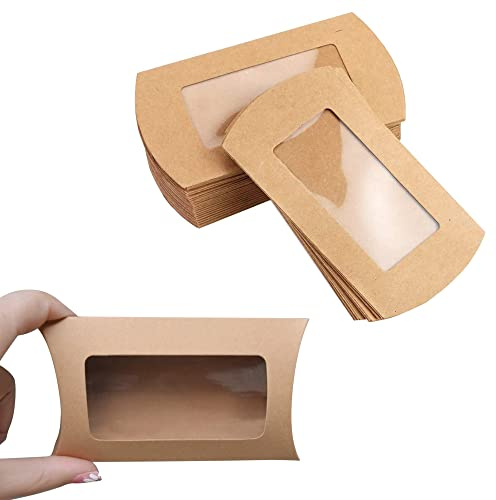 40 cajas de embalaje de almohada de papel kraft con ventana transparente, caja de embalaje de regalo para panadería, caramelo, chocolate, joyería, boda, fiesta, regalo, marrón, 5 x 3 x 0.8 pulgadas)