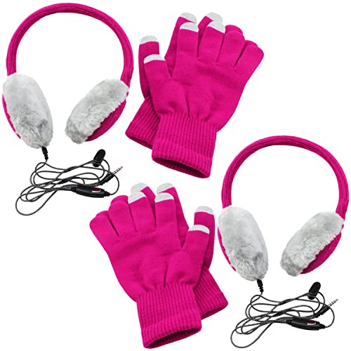 com-four® 4-teiliges Set Kopfhörer mit Touchscreen-Handschuhen | in den tollen Farben pink/grau - integriertes Mikrofon und 3,5 mm Klinke Audio Anschluss