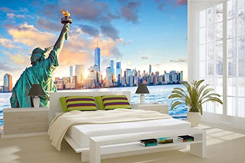 Vlies Fototapete NEW YORK MIT DER FREIHEITSSTATUE 375 x 250 cm (inkl. Kleister) - Vlies Tapete, Wandtapete, Wandbilder - Tapete für Wohnzimmer Schlafzimmer, Büro, Küche - Montagefertig