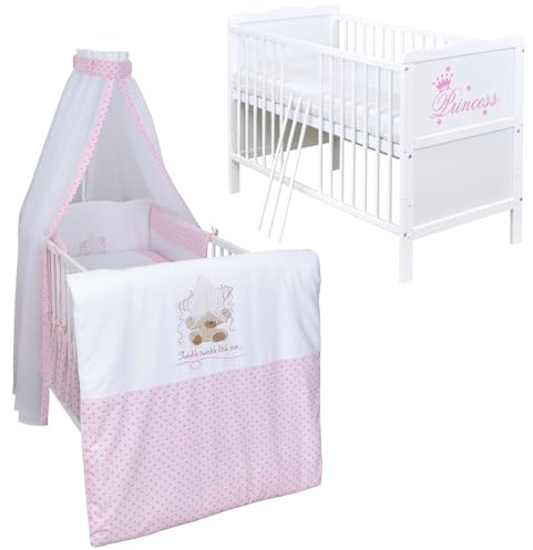 Generisch Baby Delux Babybett Komplett Set Kinderbett umbaubar zum Juniorbett weiß 140x70 Princess Bettwäsche mehrteilig (Twinkle Star Rosa)