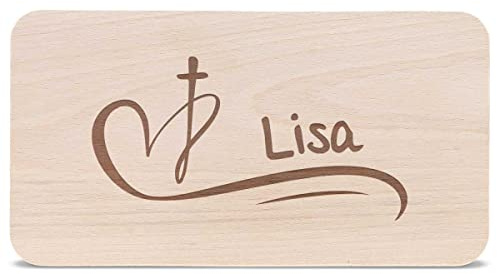 GRAVURZEILE Frühstücksbrettchen Brotzeitbrett mit Gravur - Herz mit Kreuz - Personalisiert mit Namen - Geschenkidee zur Konfirmation Kommunion für Mädchen & Jungen - 100% Buchenholz