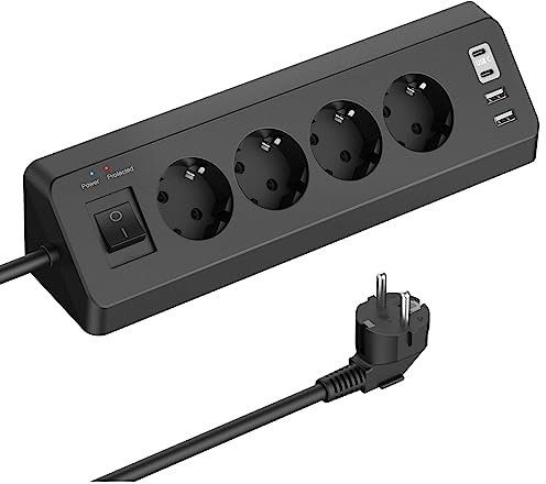Ecksteckdose mit 2 USB und 2 Type-C, 4 Fach Mehrfachsteckdose mit Schalter, Steckdosenleiste Überspannungsschutz mit 2M Kabel für Küche (Schwarz)