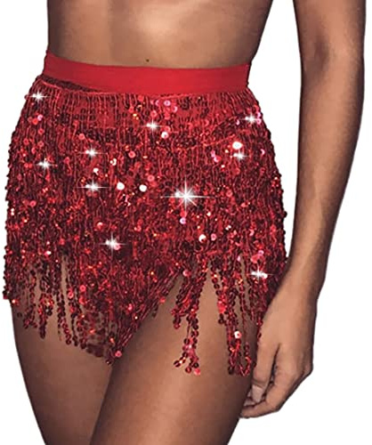 Cubahop bohème sequin Belly Dance jupe hanches avec franges jupe sac hanches écharpe carnaval vêtements pour femmes (Rouge)