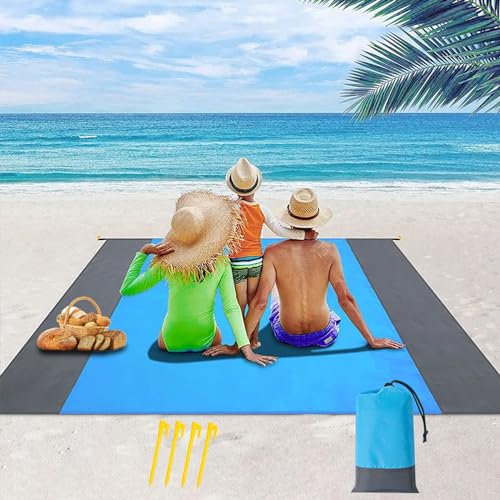 UAMLVCN Stranddecke, 210 x 200cm Strandmatte, Stranddecke Sandfrei, Picknickdecke Wasserdicht, 4 Befestigung Ecken, Strandtuch Strandmatte für Strand, Reisen, Wandern und Campen (Blau/Grau)