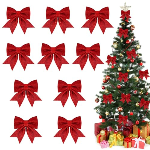 Noeud Rouge Noel, ACTOYS 10 Pièces Arcs de Noël Pailletés, Noeud de Ruban de Noël, Noeud Sapin Noel, Noeuds Pailletés, Decoration Sapin Noel