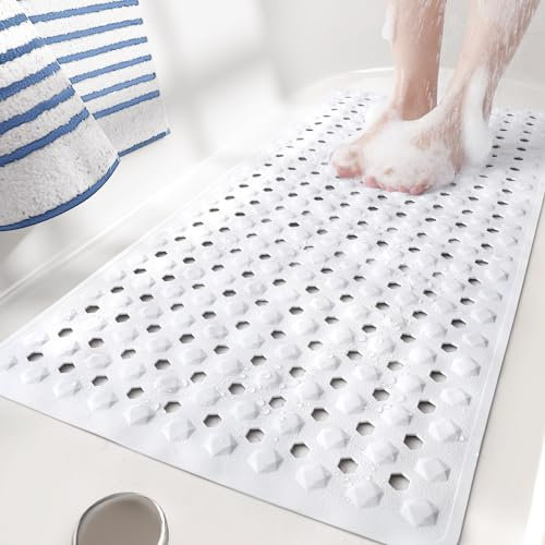 COLOR&GEOMETRY Bath Mat Non Slip Anti Mould, Long Shower Mat for Inside Bath, Bathtub Mat with Suction Cups and Drain Hole, Machine Washable, Quick Dry, Bathroom Mat for Kids, Elderly - 40x88cm, White