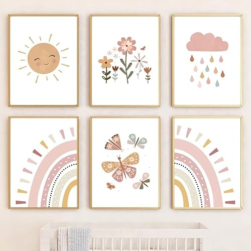 Generisch 6 Poster Kinderzimmer Regenbogen Sonne Bilder Babyzimmer Mädchen Boho Rosa Wandposter Set Schmetterlinge Wolke Blume Bilderwand Leinwand 21X30 cm ohne Rahmen