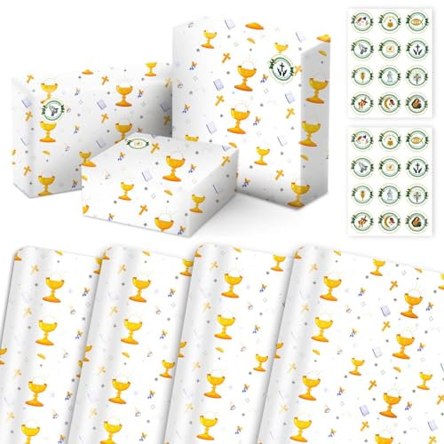 4 Blatt Geschenkpapier Kommunion Taufe Set Mit 24 Runde Aufkleber DIY Erstkommunion Gift Wrapping Paper Geburt Firmung Hochzeit Geburtstag Geschenkpapierbögen Für Geschenkverpackung (70x50 Cm)