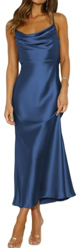 Mogidol Sommerkleid, Satin, Spaghettiträger, Wasserfallausschnitt, rückenfrei, Midi-Kleid, Elegante Schnürung mit niedrigem Rücken, gerüschtes Cocktailkleid, Marineblau, Mittel