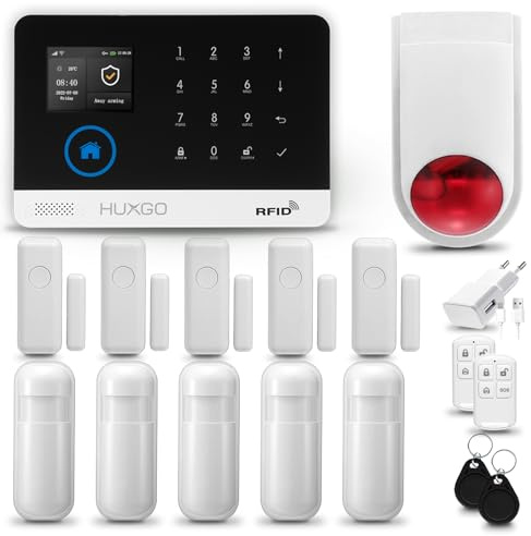 HUXGO® HXA003 Alarmanlage Haus WiFi + GSM mit Funk Sirene | Alarm Set Wohnung mit App. TUYA | Alarm System mit 5X Bewegungsmelder, 5X Tür- Fenstersensor| Wohnmobil Alarmanlage