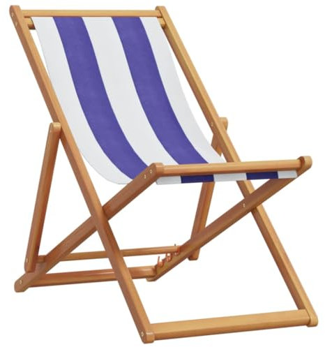 vidaXL StrandstuhL, Klappbar Gartenliege mit Kissen Armlehnen, Liegestuhl für Garten Terrasse Balkon, Strandliege, Blau Weiß Massivholz Eukalyptus Stoff