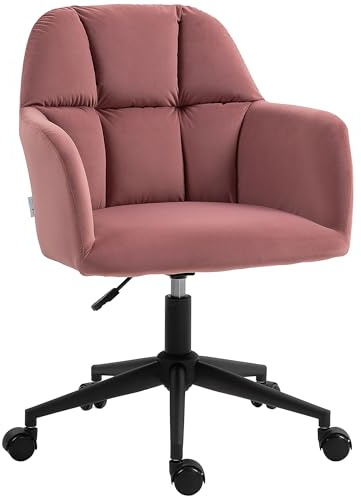 HOMCOM Chaise de bureau pivotante avec accoudoirs et dossier réglable en hauteur avec aspect velours pour la maison, le bureau Rose