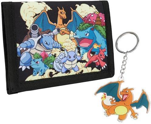 Pokemon Geldbeutel Kinder Jungen und Mädchen Cute Wallet Geldbörse Jugendliche mit Kartenfächern Münzfach und Schlüsselanhänger für Kinder (Schwarz/Mehrfarbig)