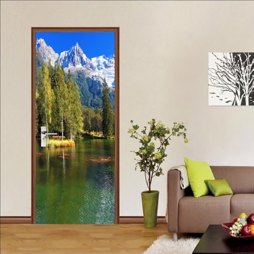 Türtapete Selbstklebend TürPoster Verschneiter Berg Wälder See 3D Türaufkleber Wasserfest Türfolie für Schlafzimmer 77x200cm PVC Türaufkleber Fototapeten Wohnzimmer Abnehmbare Poster Art Aufkleber