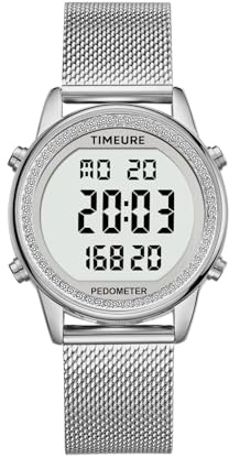 TU-2401 TIMEURE Schrittzähleruhr für Damen mit Hintergrundbeleuchtung | Stilvolles Design, gut lesbare Anzeige. Misst Schritte, Kalorien & Distanz. Countdown, Alarm und Hintergrundbeleuchtung.