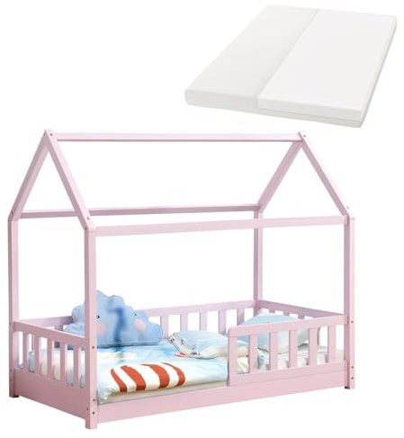 Juskys® Kinderbett Marli 80 x 160 cm mit Matratze, Rausfallschutz, Lattenrost & Dach - Massivholz Hausbett für Kinder - Bett in Rosa