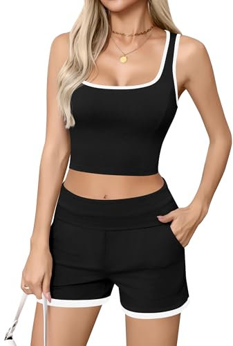 Missufe Damen 2 Teiler Outfits Ärmelloses Crop Tank Top und Shorts Kurze Hose Sommer Sport Hausanzug Set (Schwarz, Medium)