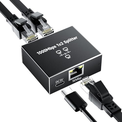 GlasFlength Switch Ethernet 2 Porte 1000Mbps Alluminio Sdoppiatore Ethernet Gigabit Splitter Etherne t RJ45 1 a 2 Switch LAN con Cavo di Alimentazione USB-C per Computer HUB Switc h Set-top Box TV