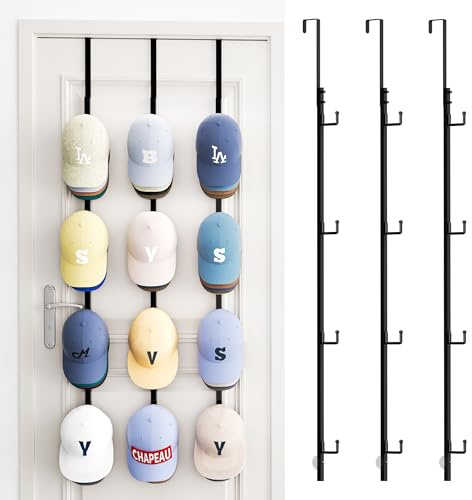 SWTYMIKI Over Door Hat Rack - 3 Packs Metal Hanging Hat Organizer with 12 Hooks Design, Baseball Cap Hanger Organizer Storage Holds up to 60 Caps for Door, Bedroom, Closet