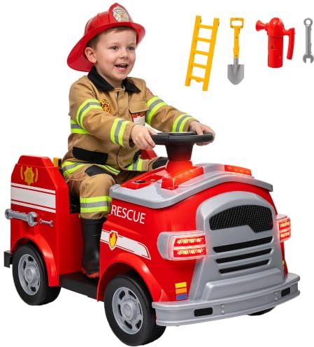 AIYAPLAY Coche Eléctrico para Niños de +3 Años Carro Eléctrico Infantil Camión de Bomberos para Niños con Batería 12V Sirena Claxon Faros Música y Equipos de Bombero Rojo