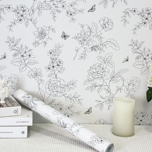 Fiula Selbstklebende Tapete Klebefolie Möbel Blumen 44CM×3M Möbelfolie Selbstklebend Vinyl Wrap Beige Schwarz Blumentapete Blätter Vintage Schmetterling Dekorfolie Wohnzimmer Wasserdicht Wallpaper