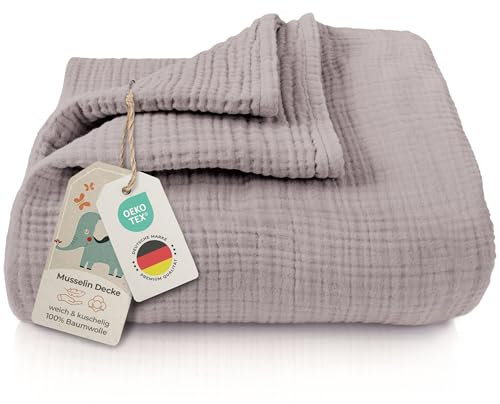 LAYNENBURG Copertina in mussola per neonati 120 x 120 cm – Copertina a 4 strati in 100% cotone – morbida copertina o per dormire, per fasciare, per neonati e bambini piccoli (tortora)