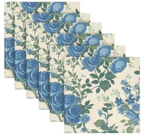 Stoffservietten, Vintage-Stil, Blumenmuster, blaue Rosen, wiederverwendbar, Polyester, Abendessen, Hochzeit, Servietten, 6 Stück, 50,8 x 50,8 cm