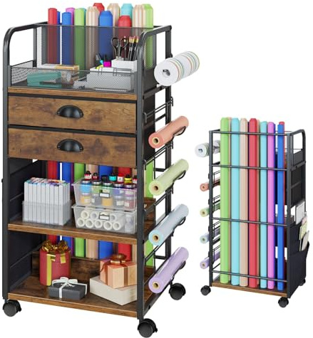 Geschenkpapier-Aufbewahrungswagen mit 2 Stoffschubladen, Seitentaschen und Haken, Geschenkpapier-Organizer-Halter, rollender Bastelwagen mit feststellbaren Rädern für Geschenktüten, Bänder und