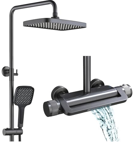 Colonne de Douche Thermostatique avec Mitigeur, Ensemble Système Douche Mural Kit Set de Douche 3 Fonctions avec Douche de Tête, Pommeau de Douche, Bec de Baignoire Cascade Réglable (Gris)
