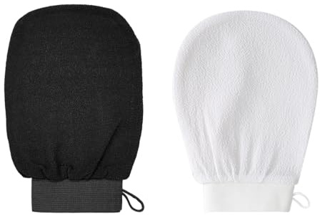 2 Pièces Gant Exfoliant Corps, Gant Gommage Peau Naturel, Enlève les Cellules Mortes de la Peau et Exfolie, Gant Kessa Gommage Corps et Visage en Viscose Naturelle, Blanc, Noir