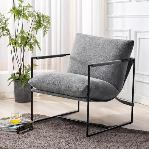 Ckaff Extragroß Sling Akzent-Sessel 85x77.5x88cm, Sessel Wohnzimmer Loungesessel mit Metallrahmen und Polsterung, Ohrensessel Polstersessel Bouclé fürs Wohnzimmer Schlafzimmer Arbeitszimmer, Grau