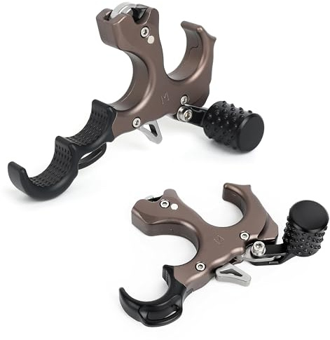 SHARROW Bogenschießen Upgrade Release Aids Compound Bogen Auslösehilfen 3 oder 4 Finger Austauschbar Daumen Release Aluminium Spannhilfen mit Handgelenkband (Kaffee)