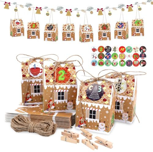 Adventskalender zum Befüllen – 24 Lebkuchenhaus Boxen mit Juteschnur & Zahlenstickern, DIY Adventskalender Set, Wiederverwendbar & Nachhaltig für Familie und Kinder, Perfekt für Weihnachten