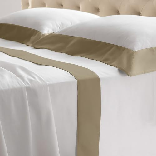 Riad Arredo Set Completo Letto Matrimoniale in 100% Cotone 180TC Italiano PERCALLE e Balze RASO - Set Lenzuola Morbidissime Tinta Unita con Balze in Raso SATIN Artigianali Made in Italy (Beige)