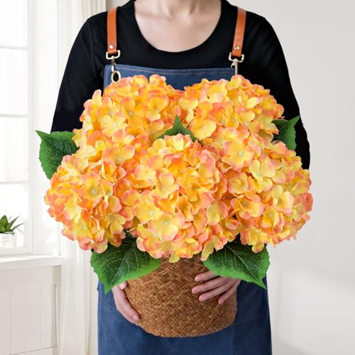 JINWOE Lot de 5 hortensias artificiels en soie pour extérieur, 50,8 cm, grandes fleurs artificielles en soie pour bouquet, centres de table, mariage, intérieur et maison (jaune et orange)