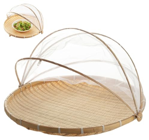 Mesh Fruit Basket with Lid 12 inch Bamboo Fruit Bowl Cover with Mesh Gauze Cover Outdoor Food Tent for Vegetables Fruits Bread & Home Food Storage