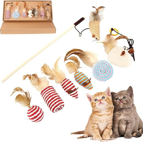 JACKANNA Katzenspielzeug Set 7 Teile, Katzenangel Stabil Cat Toy und Katzenspielzeug selbstbeschäftigung Mmaus mit Federn.Kitten Spielzeug Katzen Angel aus Holz, interaktives Katzen Spielzeug zur