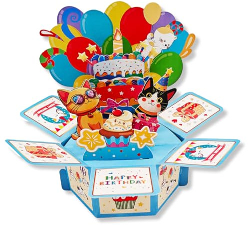 YUVKIN 3D Pop-Up Geburtstagskarte mit Umschlag, Ballon und Katzenmotiv Happy Birthday Karte für Kinder, Frau, Mutter, Familie oder Freunde, für Katzenliebhaber mit einer Katzen-Geburtstagsbotschaft