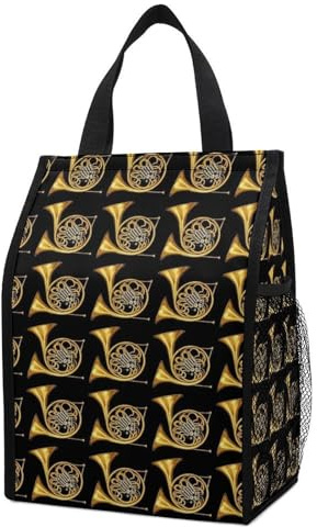 FOSKERV Lunch Bag Food Storage Bag, Waterproof Foldable Lunch Box Organizer Leakproof Picnic Cooler Bags, Gold French Horn Pattern Golden Black, Portable Insulated Meal Bags