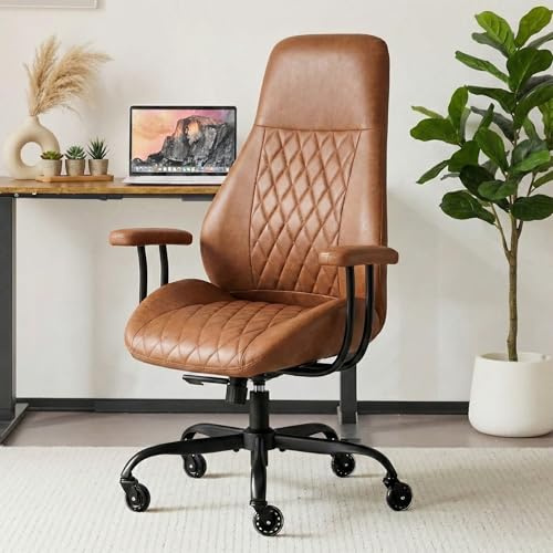 E-Motie Office Chair with Rubber Wheels, Ergonomic Computer Chair 500 lbs, Leather Desk Chair with Lumbar Support, Executive Chair Adjustable Height & Recline, Brown