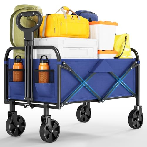 Handcart Foldable 100 L, Water-Resistant Beach Trolley up to 100 kg, Foldable Hand Trolley with 360° Rotating Wheels for Any Terrain, Ideal for Camping, Picnic, Shopping and Garden, Blue